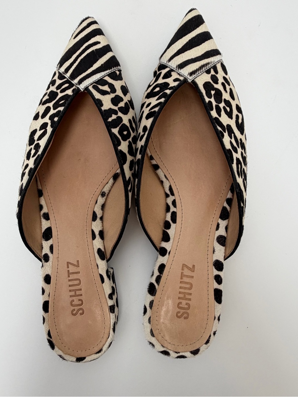 SCHUTZ Leopard & Zebra Print Pointed Toe Mules - Black & Cream - Picture 8 of 11